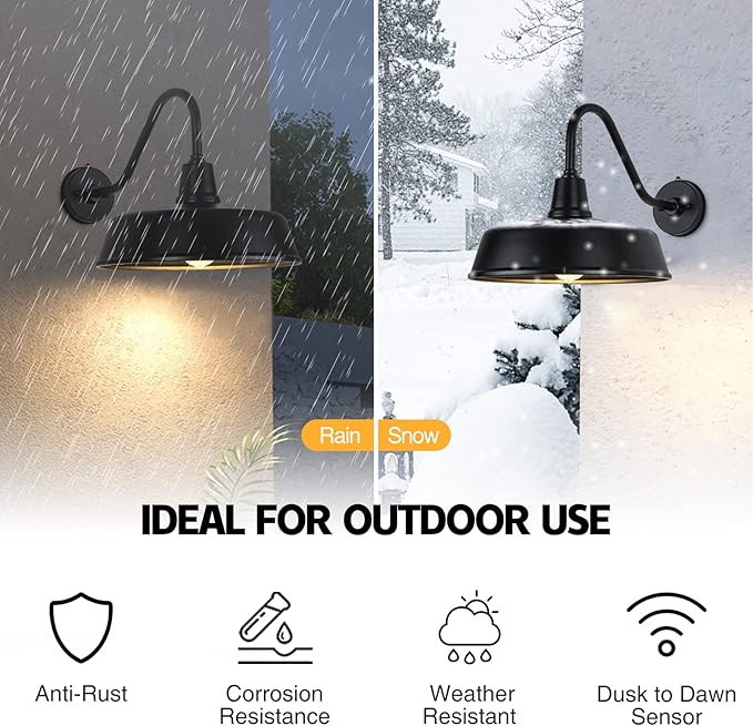 Barn Lights Outdoor Gooseneck - 15 Black Dusk to Dawn Exterior Barn Lights for House Farmhouse Wall Lighting Fixtures with Photocell for Porch Garage (15 Diameter 1pc)