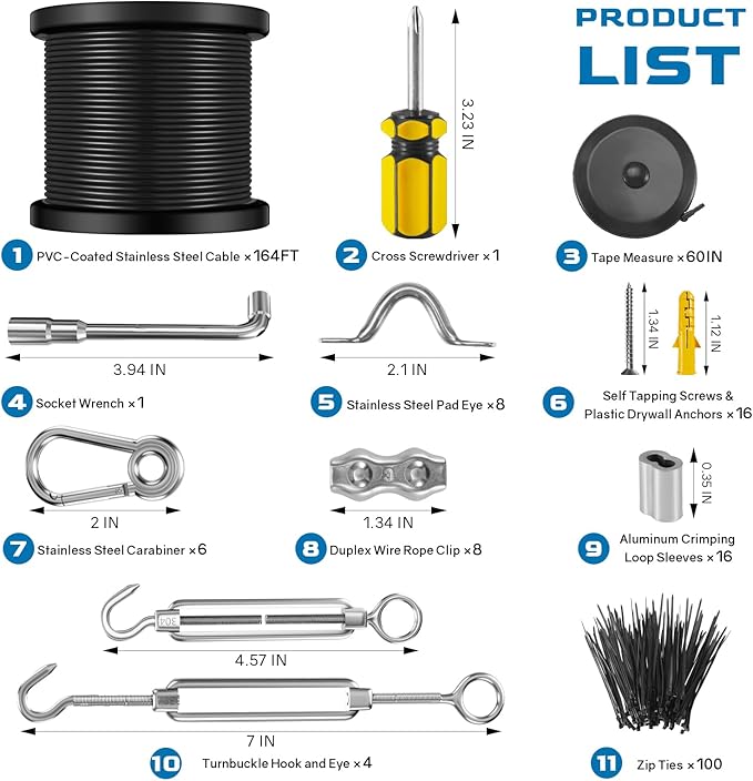 NEREUS String Light Hanging Kit with 164 Ft Vinyl Coated 304 Stainless Steel Cable String Light Suspension Kit Guide Wire with Turnbuckles and Hooks for Patio Backyard Lighting Accessories
