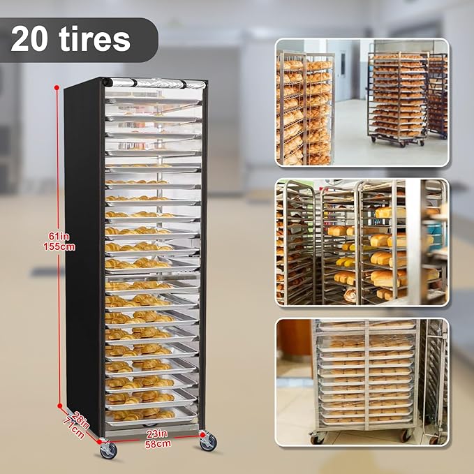 Bun Pan Sheet Rack CoverBread Speed Rack Cover with ZipperFit 20 Tier / 10 Tier Commercial Bakery Pizza Cooling Proofing with Clear Plastic Roll Top Door and Breathable Mesh Vent(20-Tier)