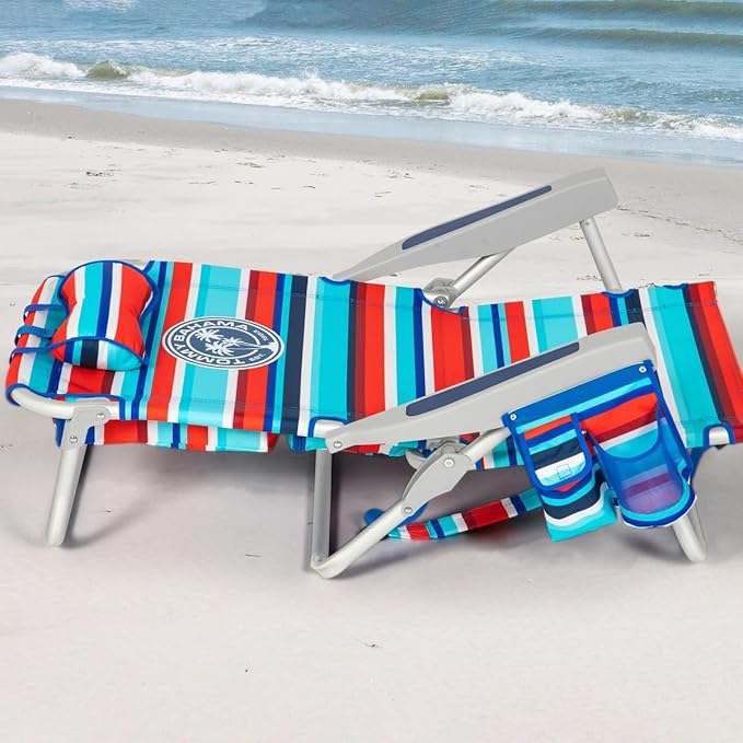 Tommy Bahama 5 Position Beach Chair Zippered Insulated Cargo Pouch Cup and Cell Phone Holders Towel Bar Pillow for Extra Comfort Heavy-Duty Weight Capacity 2-Pack (Red Stripes)