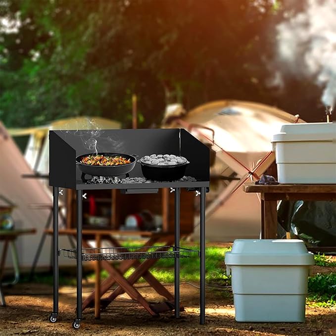 only fire Outdoor Camp Cooking Table for Dutch Ovens and Food Preparation Collapsible Grill Table Camping Kitchen Station with Side Windscreen &amp Storage Basket for Backyard BBQ Picnic RV