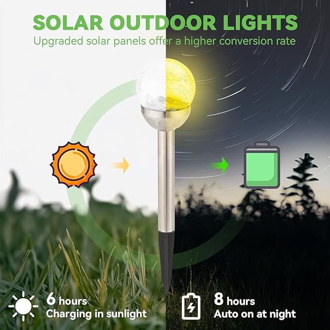 Solar Lights Outdoor 6 Pack LED Color Changing Stainless Steel IP66 Waterproof Crystal Cracked Glass Solar Garden Lights Christmas Lights Outdoor for Landscape Yard Walkway Pathway Multicolor