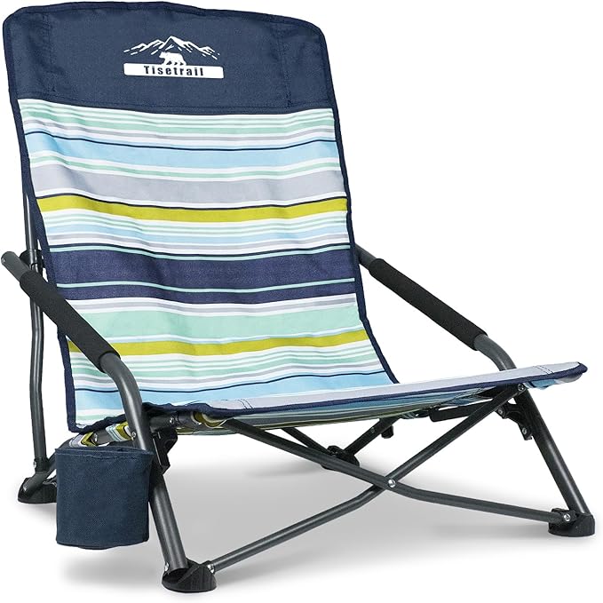 Portable Beach Chair for Adults Low Back Sling Chair with Cup Holder Folding Sand Chair Lightweight Lawn Chair for Beach Lawn Camping Concert Travel Supports 300lbs