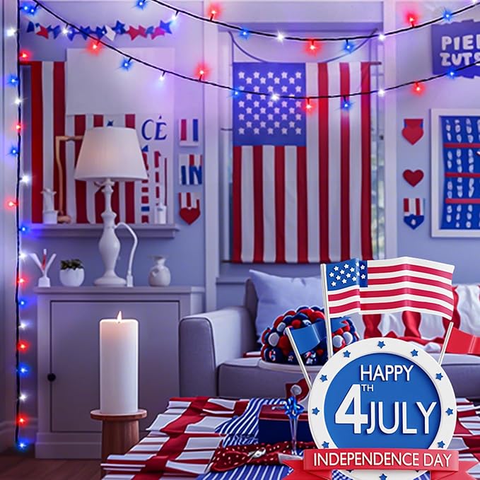 4th of July 95FT 240LED Red White and Blue String Lights Extra-Long Connectable Led Twinkle Lights Waterproof with 8 Modes Memory Independence Day Decoration