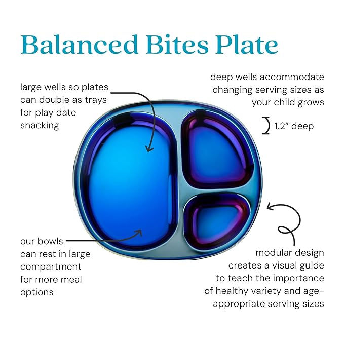 Ahimsa Stainless Steel Plates For Kids Pediatrician Designed Divided Plates for Toddlers &amp Baby Non Toxic Unbreakable &amp Dishwasher Safe Iridescent Blue Set of 4