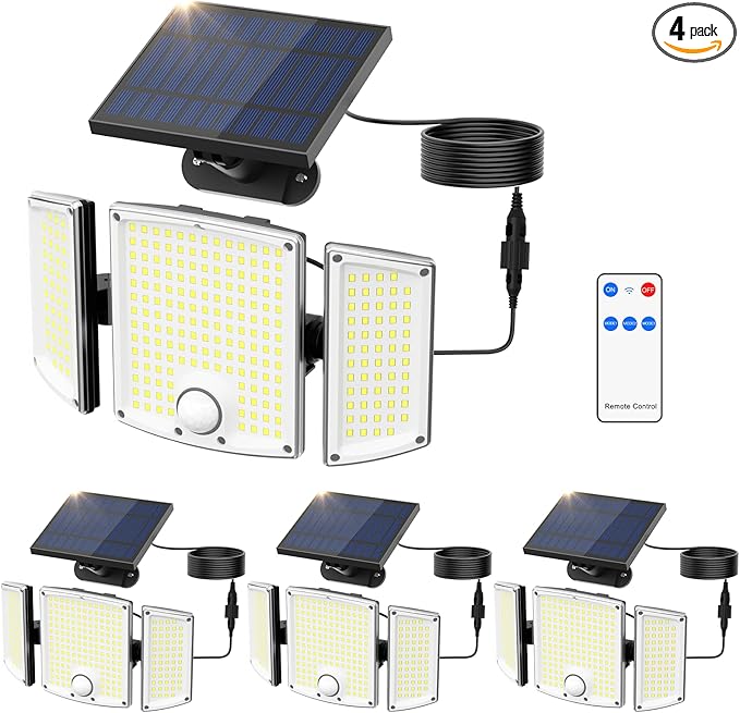 Onforu Solar Lights Outdoor 3500LM 278 LEDs Split Motion Sensor Flood Lights with 16.4 ft Cable 3 Modes IP65 Waterproof Security Lights with Remote Control for Yard Pathway Pool Garage 4 Pack