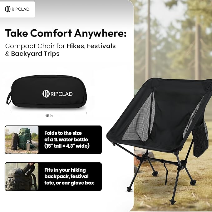 Ultralight Camping Chair Folding Backpack Chair with Aluminum Frame Side Pocket &amp Anti-Sinking Feet Supports 330 lbs Camp Chair for Outside Hiking Beach and Travel (Black)
