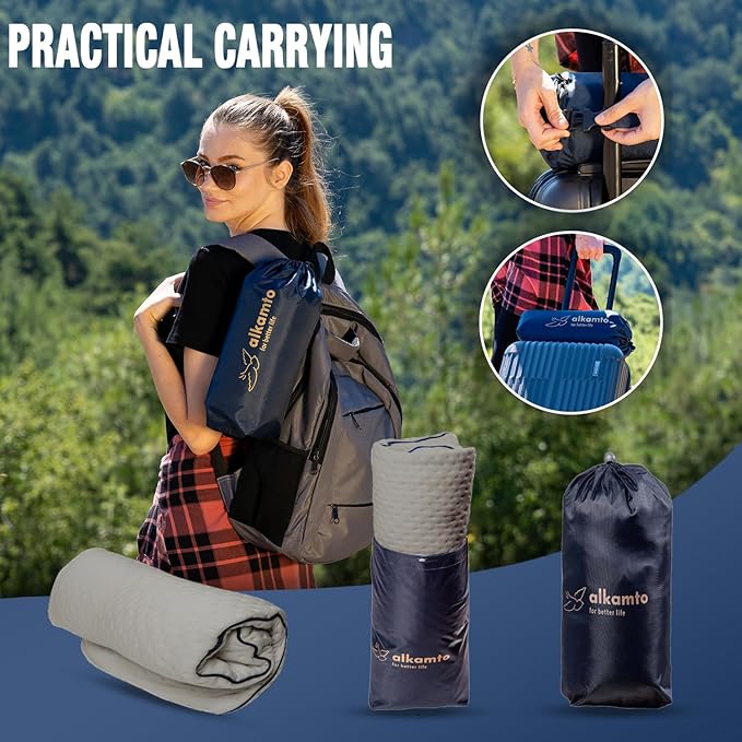 alkamto Travel &amp Camping Comfortable Memory Foam Pillow – Easy to Carry Portable Bag – Temperature Regulating Pillow Case (Grey Contour + Extra Cover)