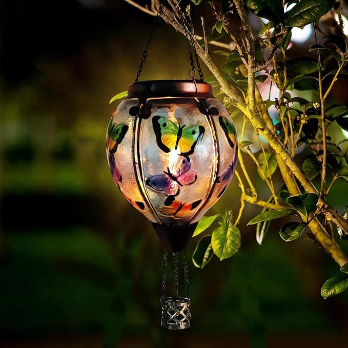 Glass Solar Hot Air Balloon Lantern with Flame Hanging Garden Flickering Light Outdoor Waterproof for Yard Patio Tree Mother's Day Gift Butterfly