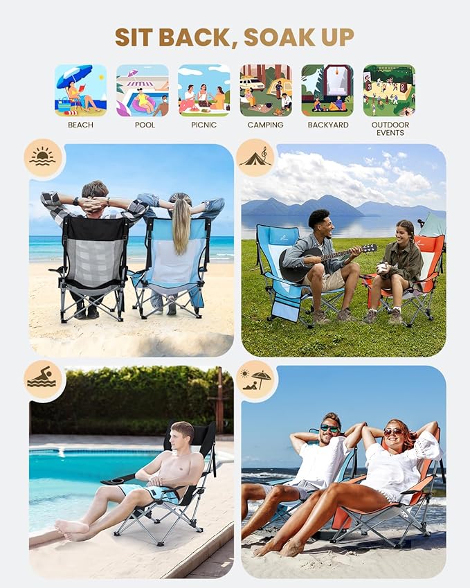 Sportneer Beach Chair: Adjustable Folding Chair with Cup Holder &amp Side Pocket - Portable &amp Compact Beach Chairs for Adults with Reclining Positions for Camping Picnic and Outdoor Orange