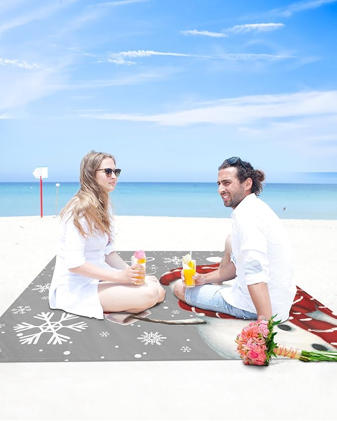 Beach Blanket Waterproof Sandproof Christmas Snowman Snowflake on Gray Quick Drying Beach Mat with 4 Stakes Winter White Snow Seamless Lightweight Picnic Blanket for Travel Camping 118x108