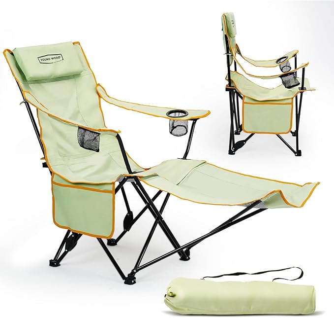 YOUNG WOOD Camping Lounge Chair Portable Reclining Camping Chair with Foot Rest Folding Camping Chair for Adults Headrest &amp Storage Bag Mesh Recliner with Backpack 330lbs Weight CapacityGree