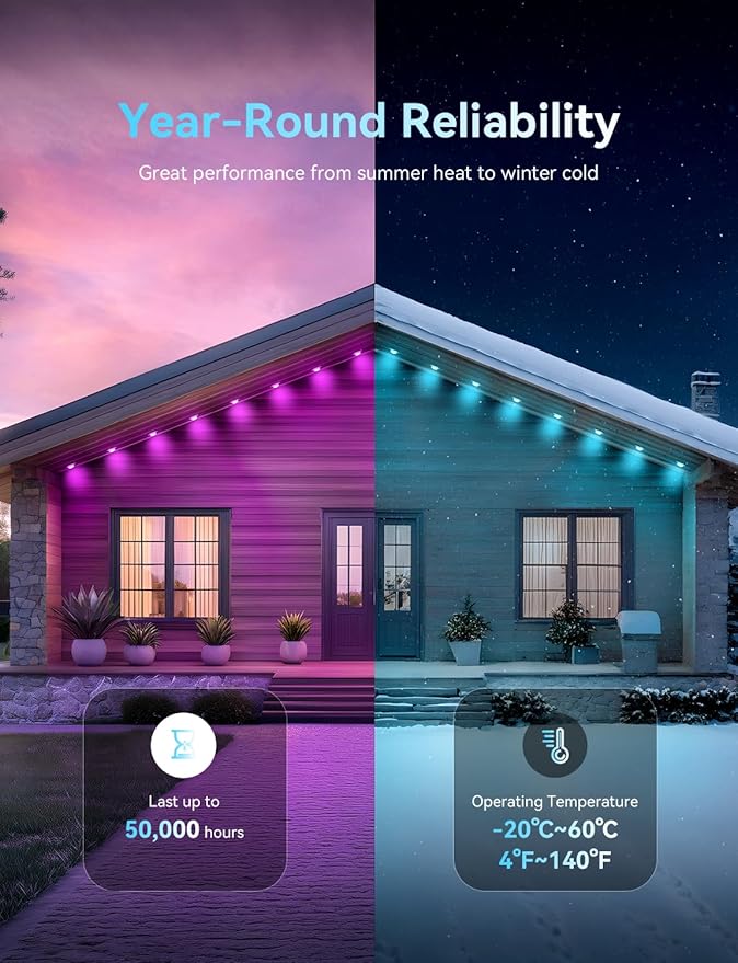 Smart 150FT Permanent Outdoor Lights RGB LED Lights Outside with App Control - DIY Colors Scene Modes IP67 Waterproof Eaves Lights for Christmas Halloween Holiday Daily House Roof Eternity Lighting