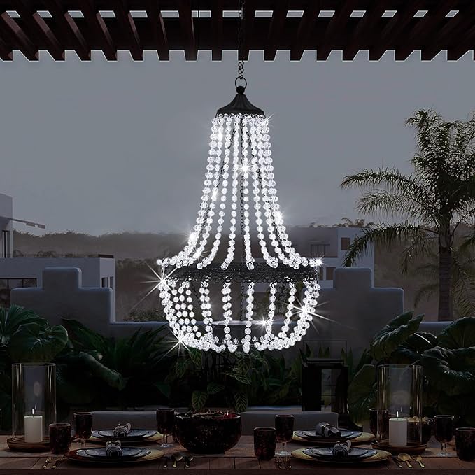 Hanging Solar Lantern Outdoor 28” Modern Clear Crystal Acrylic Chandelier with 30 Cool White Lights S Hook for Garden Yard Patio Gazebo Decorations