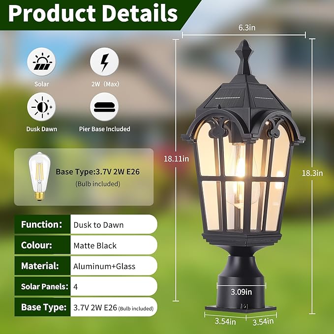 Solar Post Lights Outdoor with Bulb Dusk to Dawn Lamp Posts Outdoor Lighting Waterproof Solar Post Lamp Anti-Rust Exterior Pole Light Outside Pole Lighting for Yard Pathway Driveway Fence