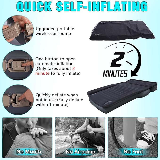 Camping Pickup Truck Bed Air Mattress 5.5-6.5FT Full Size Thickened Self Inflating Outdoor Truck Bed Mattress with Built-in USB Rechargeable Pump and 2 Pillows (84x57x10)