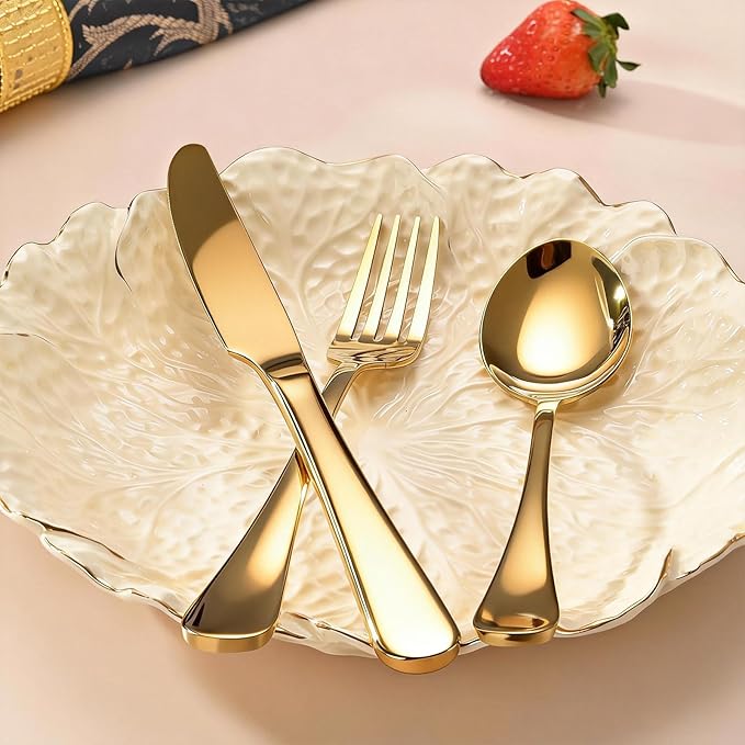 60 Piece Gold Silverware Set for 20 18/0 Stainless Steel Heavy Forks Spoons and Knives Set Mirror Finish Gold Flatware Dishwasher Safe for Family Picnics Daily Gatherings
