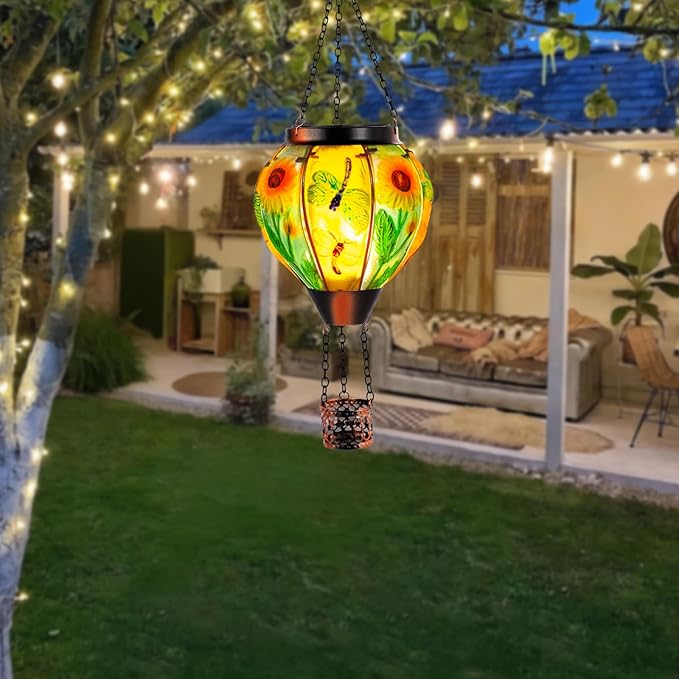 Hanging Hot Air Balloon Solar Lantern Dragonfly Solar Power Hot Air Balloon Lantern Outdoor Waterproof Glass Hanging Light for Outdoor Patio Garden Decor