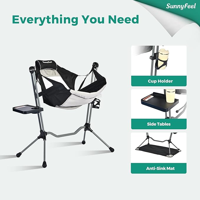 SUNNYFEEL Hammock Camping Chair Oversized Swinging Camping Chair Portable Hammock Chairs with Cup Holder Beach Mat MAX 300lbs Heavy Duty for Outdoor Travel Lawn Backyard Beach (Black)