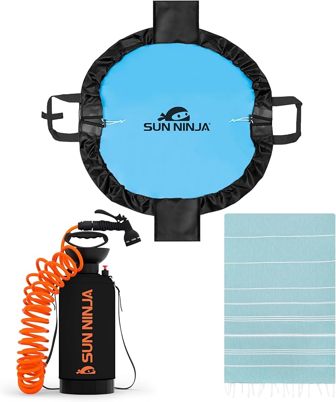 SUN NINJA Beach Changing Mat Bundle with Portable Camping Shower and Turkish Beach Towel (3 Items) - Sand-Free Quick-Dry Lightweight &amp Convenient