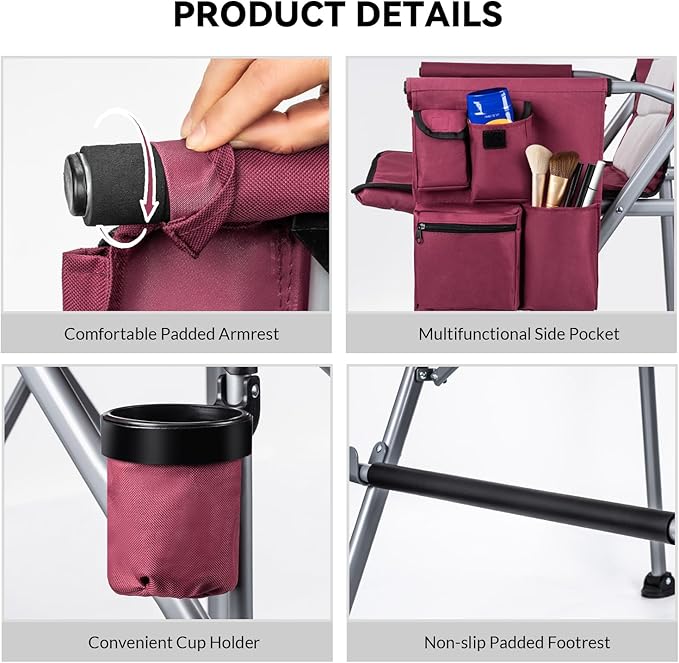 Foldable Directors Makeup Salon High Chair - Portable Camping Bar Height Folding Photoshoot Chairs with Stroage Bag Cup Holder Non-Slip Footrest Supports 400 lbs Red Tall Director Chair