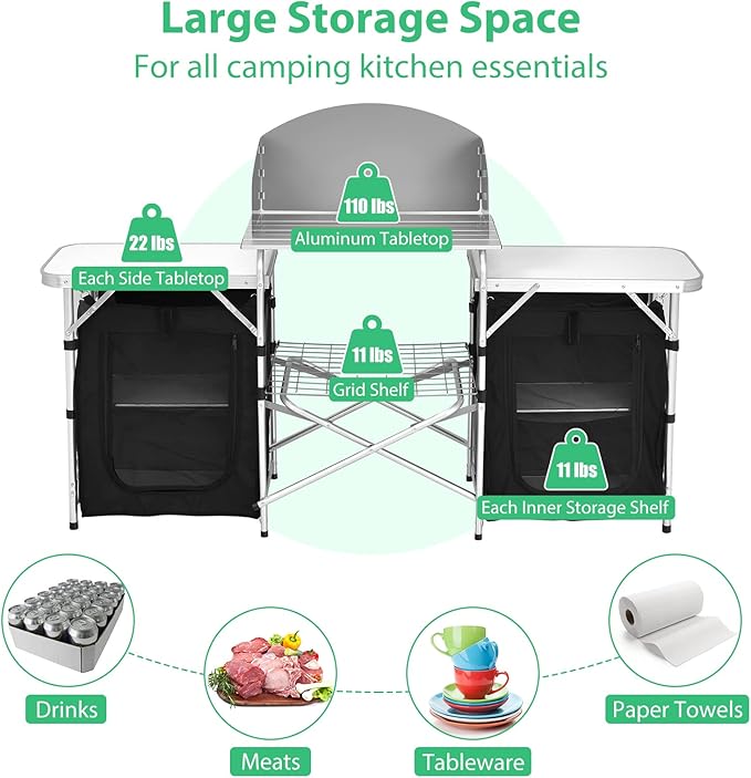 GYMAX Folding Camping Table Portable Kitchen Table with 2 Zipper Organizer Shelf &amp Wind Screen Foldable Cooking Table for Camping Hiking Picnic BBQ (Black)