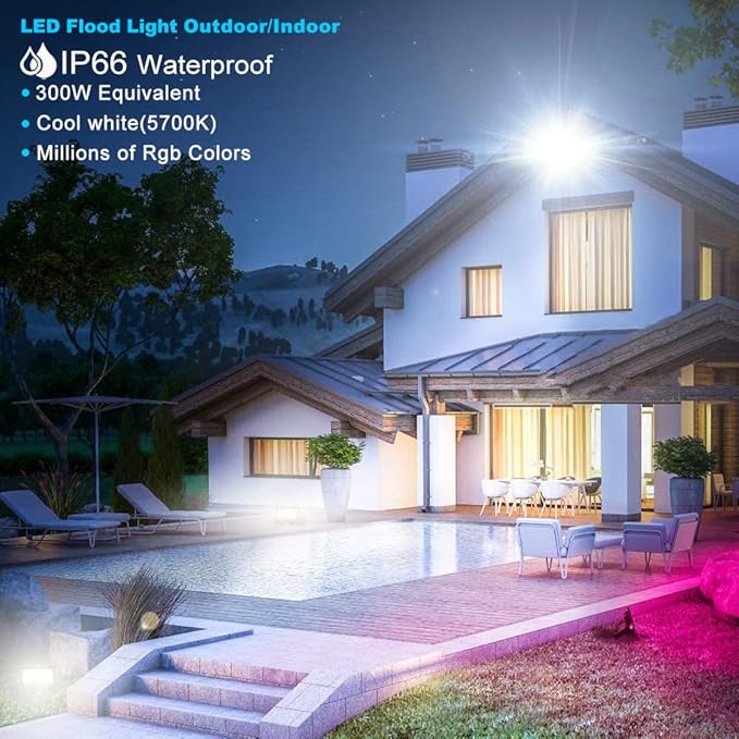 LED Flood Light Outdoor 30W Equivalent 3000LM Smart RGB Landscape Lighting with APP Control DIY Scenes - Timing - 5700K Daylight White -Color Changing Uplight IP66 Waterproof US Plug MELPO(4 Pack)