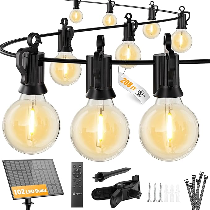 Brightown 208FT Solar String Lights Outdoor with Remote and 102 LED Shatterproof Bulbs Dimmable &amp Timable 3 Light Modes Solar Patio String Lights Outdoor for Cafe Garden Deck Outside Wedding