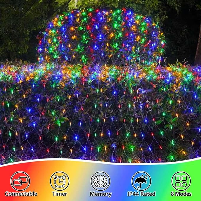 YEGUO Net Lights Outdoor Mesh Lights 12ft x 5ft 360 LED Multicolor Christmas Light Outdoor Waterproof 8 Modes Connectable Clear Wire Bush Light Plug in