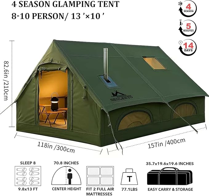 Inflatable Camping Tents 8-10 Person129 Square Feets Large Inflatable Camping Tent with Stove JackBlow up Tent with Mesh Windows &amp Pump