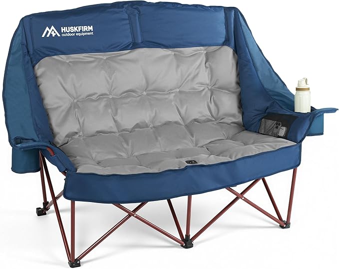High Back Double Camping Chair 2 Person Camping Chair Low Seat Loveseat Camping Chair Fully Padded Oversized Camping Couch for Adults - Supports 650 LBS with Cup Holders Carry Bag - Blue