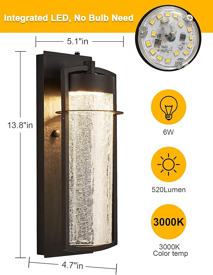 Oil Rubbed Bronze Dusk to Dawn Outdoor Wall Light Fixture LED Porch Light with Crackle Glass 600 Lumen Brown Exterior Light Fixture with Photocell 3000K Outside Lights for House Garage Front Door