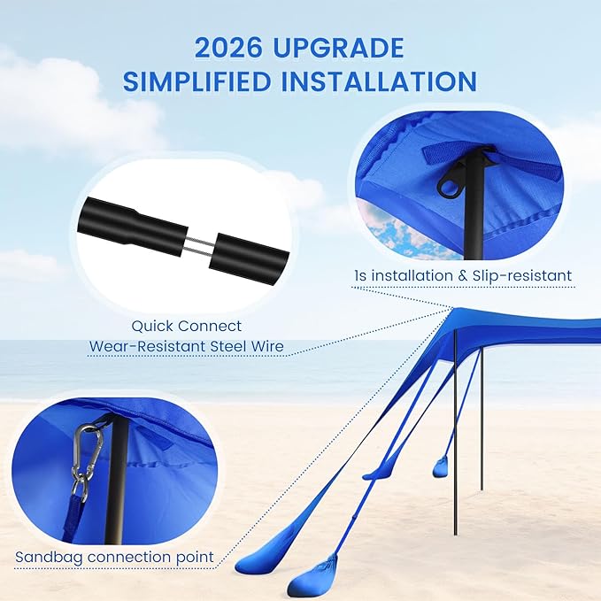 Beach Tent Sun Shelter 10x10FT Beach Shade Canopy with 8 Sandbags UPF 50+ Protection Beach Shade Canopy Outdoor Tent for Beach Camping Trips Fishing Backyard