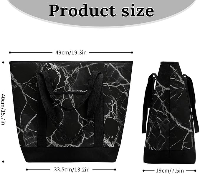 Insulated Shopping BagLarge Reusable Cooler Bags Black Marble Printed Foldable Shopping BagTravel Waterproof Shoulder Bag