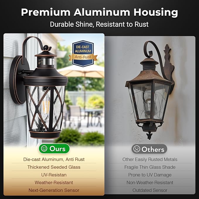 VIANIS Motion Sensor Outdoor Porch Lights Modern Dusk to Dawn Exterior Wall Light Fixtures Oil Rubbed Bronze Gold Trim Wall Lanterns for Garage Waterproof Coach Lights with Adjustable Sense Range