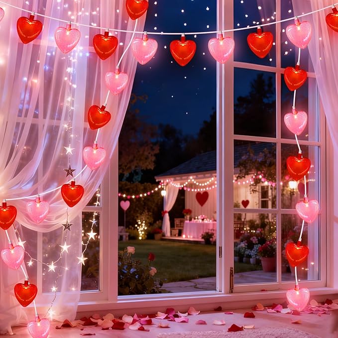12Ft Red Pink Heart String Lights Valentine's Day Decorations Lights Outdoor Waterproof with 20 LED Clear Heart Light with Glitter for Home Door Fireplace Windows Fence Valentines Day Party Decor
