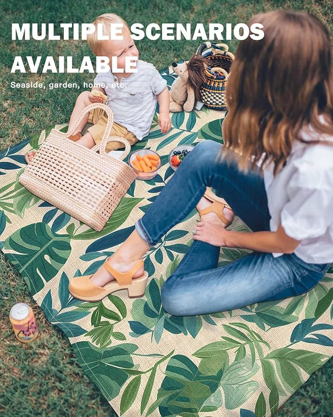 Summer Tropical Plant Beach Blanket Waterproof Sandproof Blue Green Leaf Vintage Linen Beach Mat Quick Drying Outdoor Picnic Mat 83 x 79 for 1-4 Adults Essentials for Travel Camping Hiking