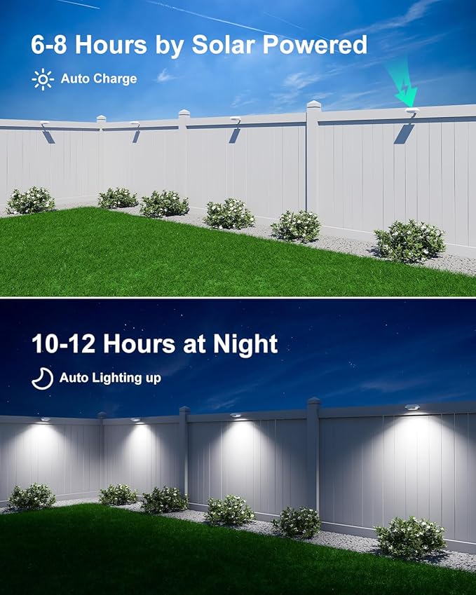 4 Pack White Solar Powered Gutter Lights Outdoor Decorative Waterproof 12 LEDs Yard Lamp for Lighting Fence Railing Outside Wall Deck Garden Path Backyard Walkway Patio Holeless Installation