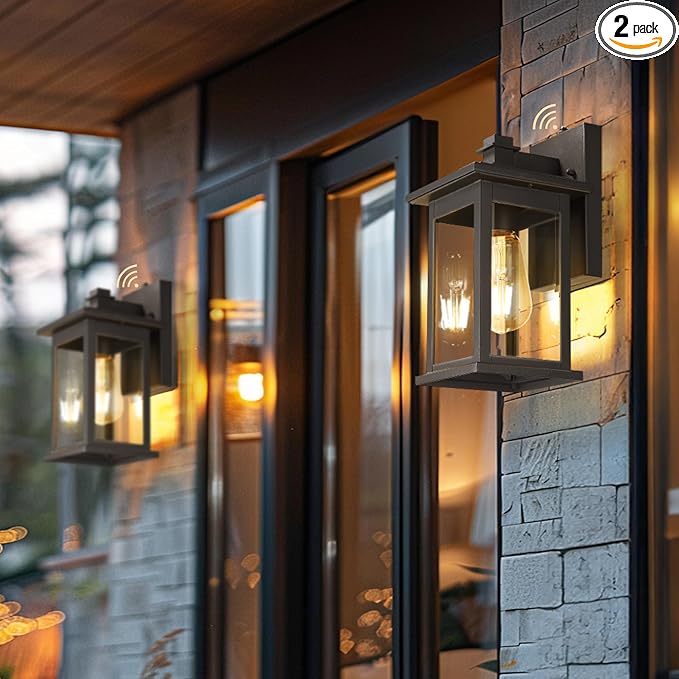 Emliviar 2 Pack Dusk to Dawn Outside Wall Mount Lighting 11.8 inch Exterior Light Fixture with Clear Glass Black Finish 1803EW1-PC-2PK BK