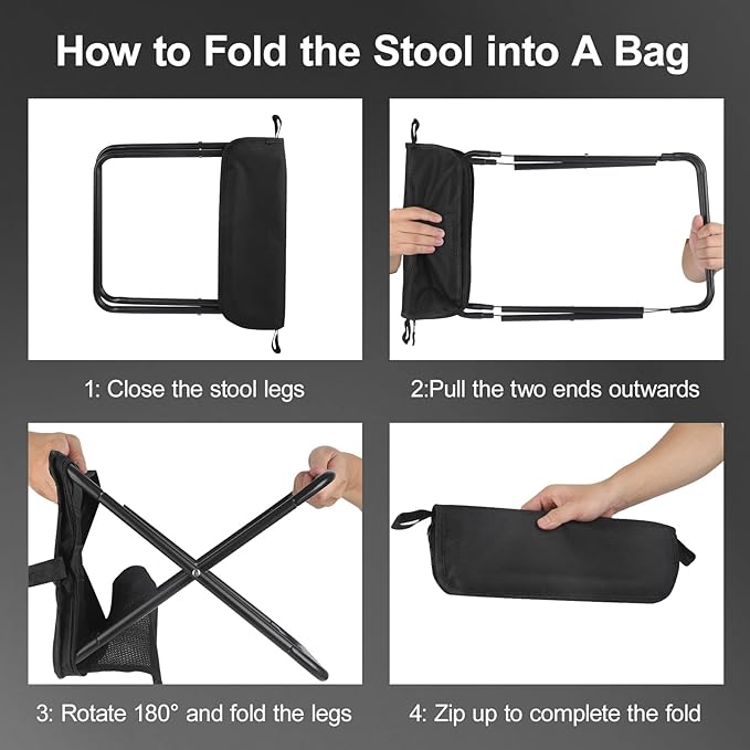 DZ Duozhan Portable Camping Stool - Foldable Backpack Stool 13 with 260lb Capacity Lightweight Collapsible Stool with Carry Bag &amp Adjustable Strap for Hiking Fishing Beach Outdoor (Black)