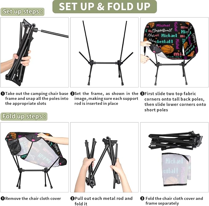 Custom Camping Chair Personalized Portable Backpacking Chair with Name Lightweight Folding Chair for Beach Hiking Basketball Theme