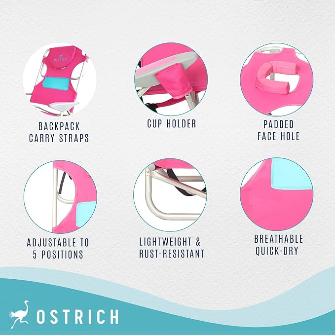Ostrich Outdoor Beach Ladies Comfort On-Your-Back Adjustable &amp Portable Beach Chair with Backpack Straps and Cup Holder Pink (3 Pack)