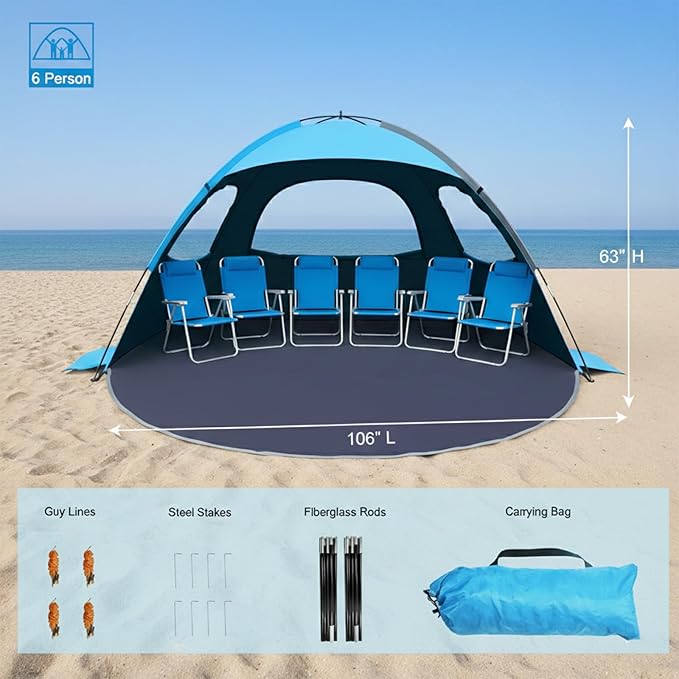 NXONE Beach Tent Sun Shelter with UPF 50+ UV Protection Lightweight Easy Setup Portable Beach Canopy for Family Large Space for Beach Camping &amp Outdoor 3/4/6 Person