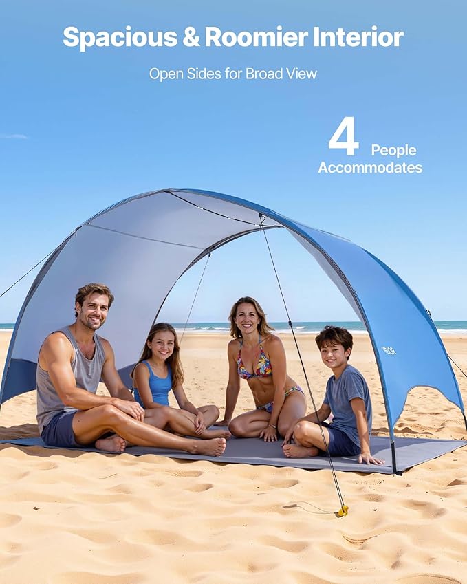 VEVOR Beach Tent Sun Shelter for 4 Person UPF 50+ Portable Sun Shade Beach with Carrying Bag &amp Ground Stakes Lightweight and Easy Setup Beach Umbrella for Camping Fishing Outdoor Picnic