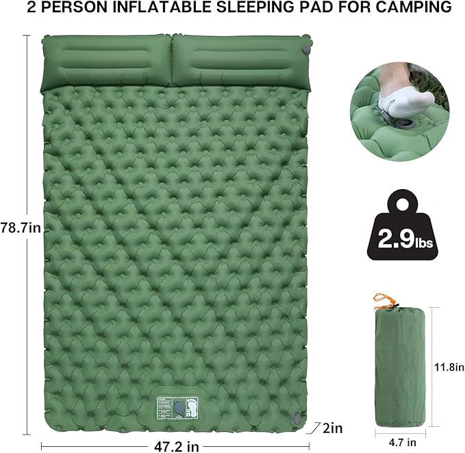 2 Person Inflatable Sleeping Pad for Camping Ultralight Double Camping Mat Air Mattress Foot Pump Durable Waterproof Compact Sleeping Mat for Outdoor Backpacking Hiking Green