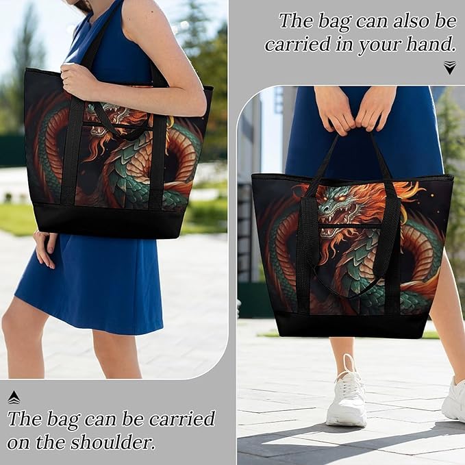 Insulated Shopping BagLarge Reusable Cooler Bags Chinese Dragon Printed Foldable Shopping BagTravel Waterproof Shoulder Bag