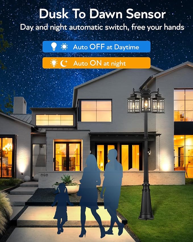 Dusk to Dawn Outdoor Lamp Post Light Black Outdoor Street Lights 3-Head Hardwired Lamp Post Light Fixture for Outside Outside Pole Light Fixtures with Bubble Glass for Yard Garden Backyard