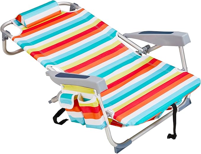 Beach Chairs for Adults Compact Portable Lay Flat Folding Beach Chair with Backpack Straps and Large Cooler Pouch Support to 220LBS (Rainbow Stripes)