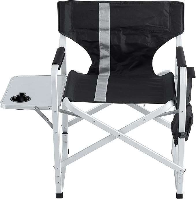 2 Pcs Padded Folding Outdoor Chair with Side Table and Storage PocketsLightweight Oversized Directors Chair for Indoor Outdoor Camping Picnics and FishingBlackGrey