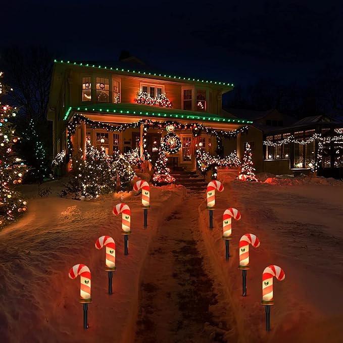 C7 Christmas Pathway String Lights Set of 8 Christmas Candy Cane Driveway Markers with 4 C7 Clear Bulbs Waterproof String Lights for Pathway Decor Outdoor Decoration